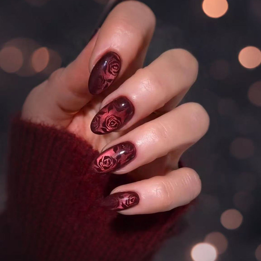 24pcs/Set Burgundy Rose Cat Eye Press On Nails
