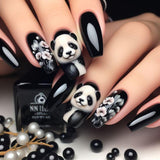 24pcs/Set Black Panda & Floral Press-On Nails