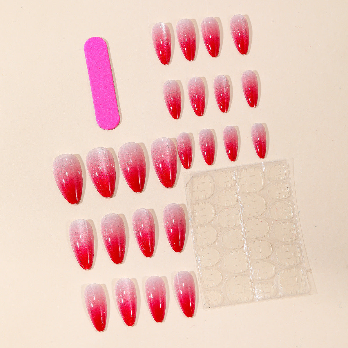 24pcs/Set Hot Pink Gradient Glitter Cat Eye Press-On Nails