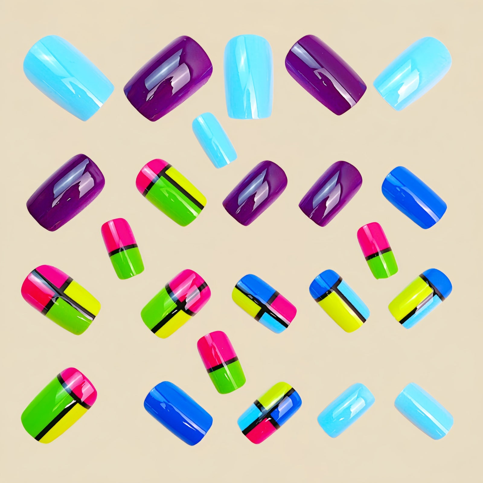 24pcs/Set Color Block Geometric Lines Press-On Nails