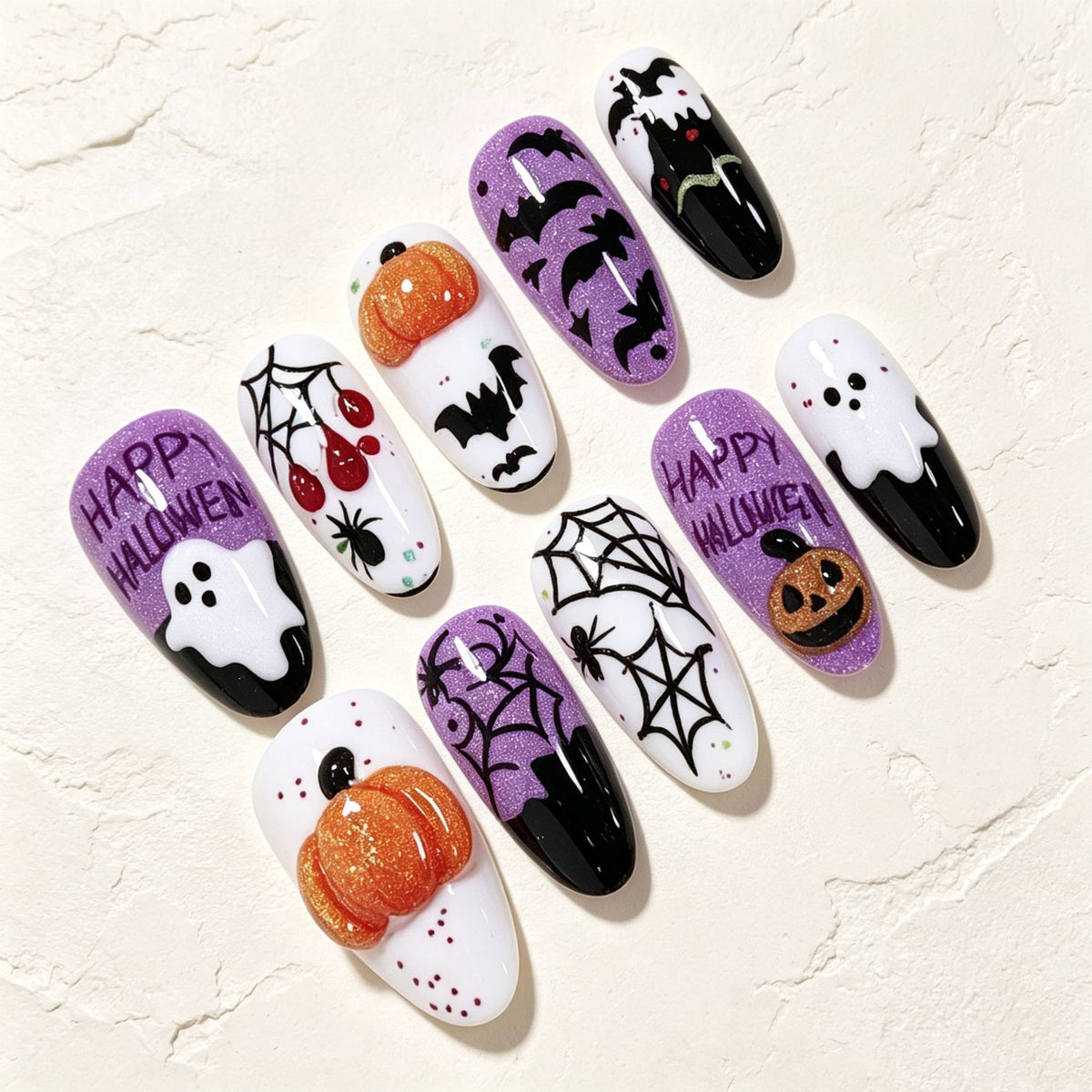 30pcs/Set Pumpkin Ghost Spiderweb & Bats Press-On Nails