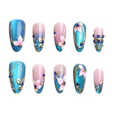 24pcs/Set Blue Cat Eye 3D Gilded Pink Floral Press-On Nails