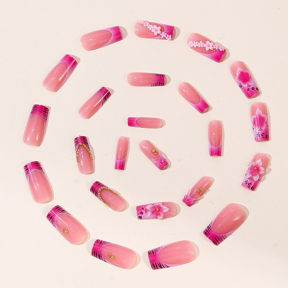 24pcs/Set Leopard French Tip 3D Flower Press-On Nails