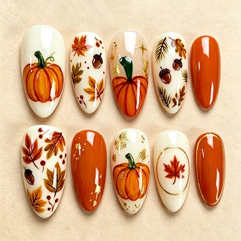 30pcs/Set Gold Foil Pumpkin Press On Nails