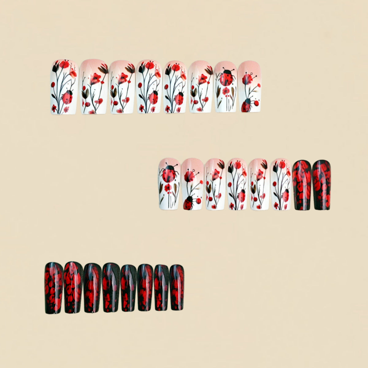 24pcs/Set Red Ladybug Floral Press-On Nails