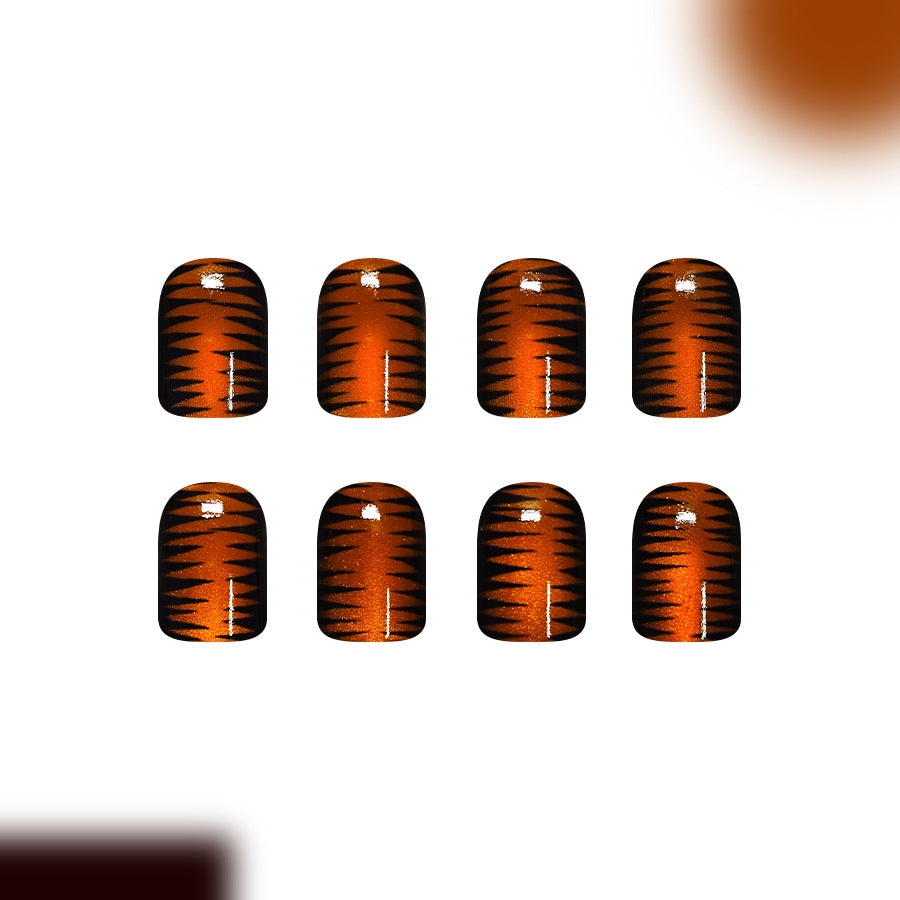 24pcs/Set Black Line & Orange-Brown Cat-Eye Press On Nails