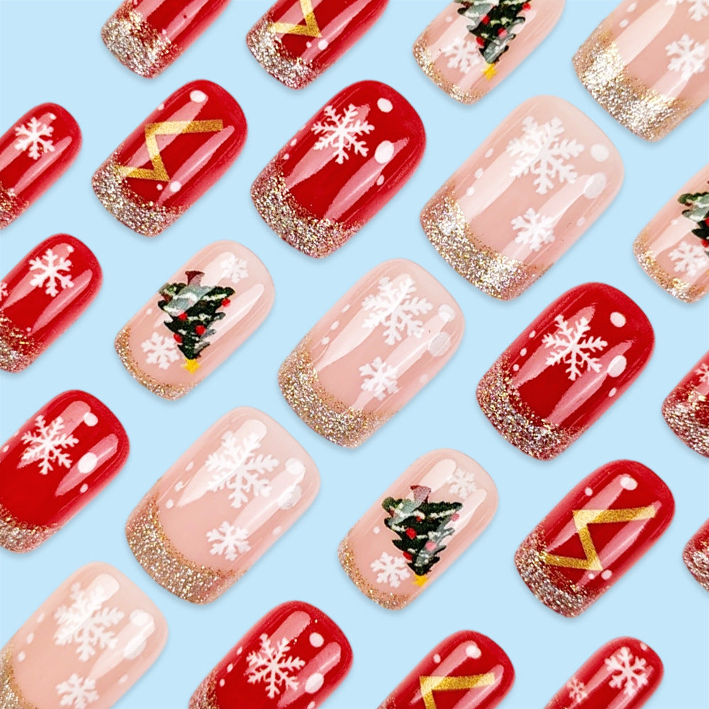 24pcs/Set Gold French Snowflakes Press On Nails