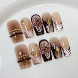 (Handmade) 10pcs/Set Brown Ombre with 3D Flowers Press-On Nails