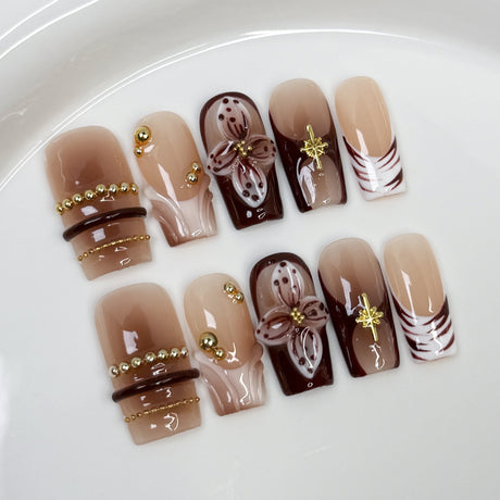 (Handmade) 10pcs/Set Brown Ombre with 3D Flowers Press-On Nails