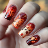 24pcs/Set Red & Orange Gradient Maple Leaves Press On Nails