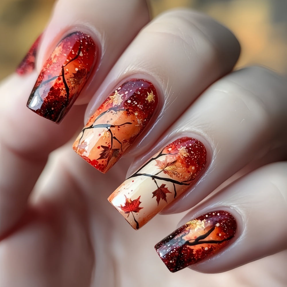 24pcs/Set Red & Orange Gradient Maple Leaves Press On Nails