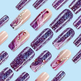 24pcs/Set Purple Gradient Feather Rhinestone Press-On Nails