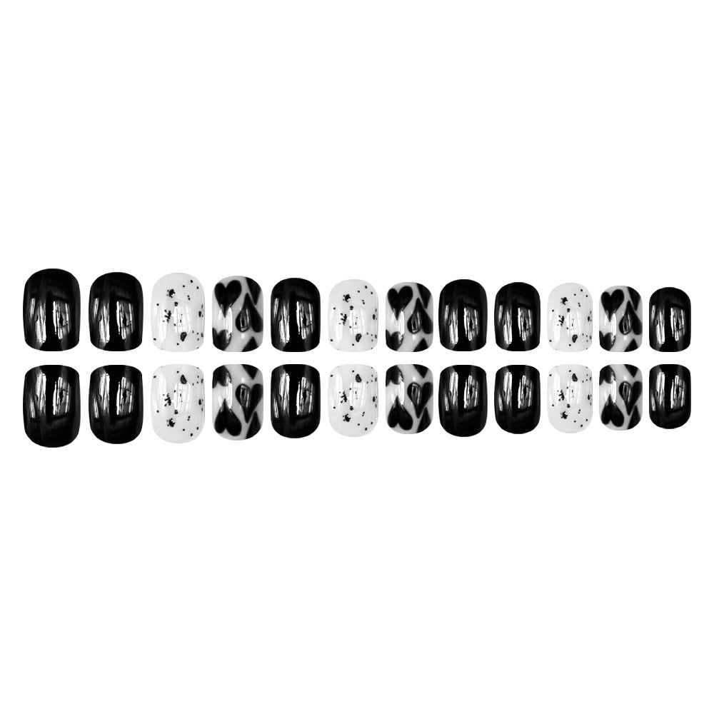 24pcs/Set lack & White Polka Dot Hearts Press On Nails