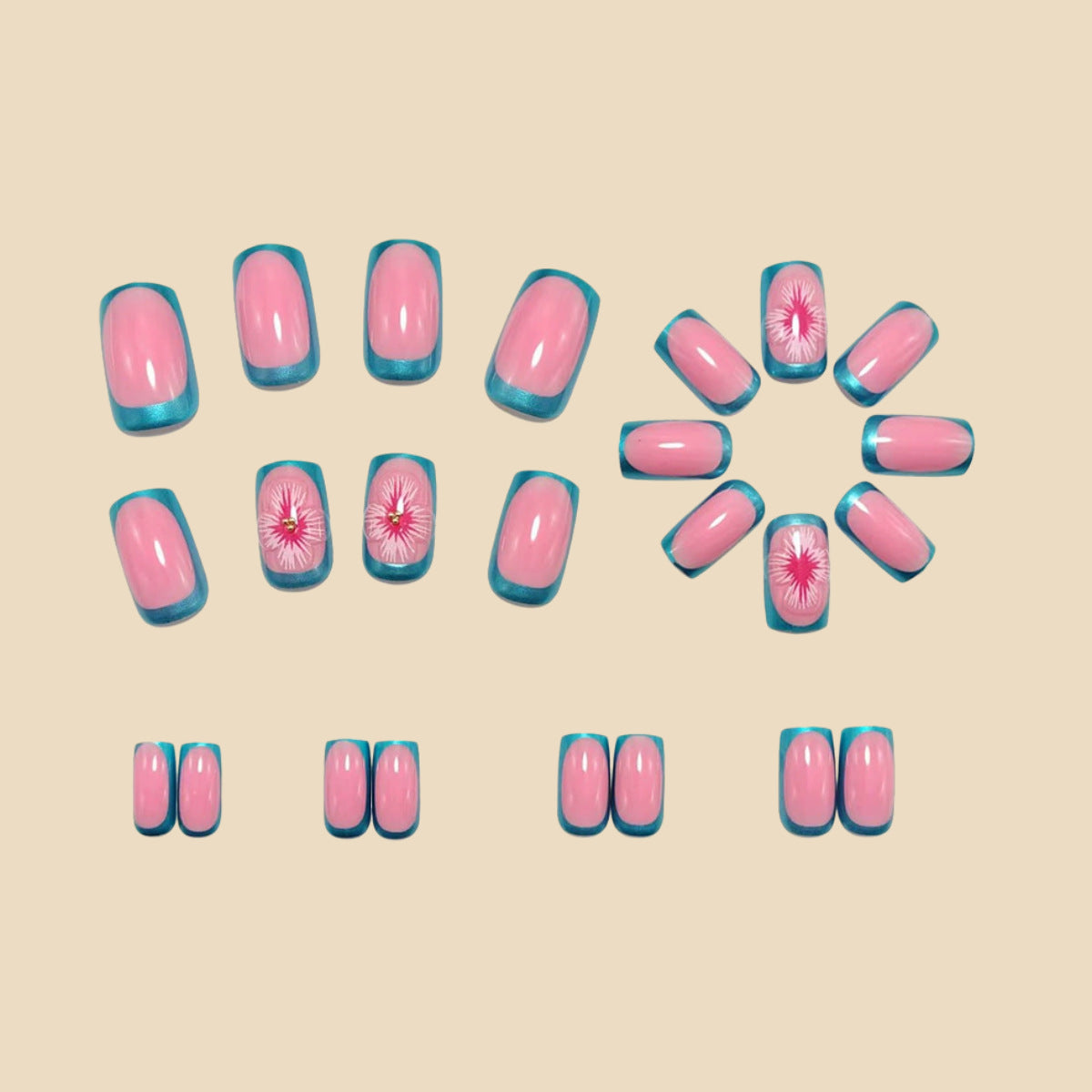 24pcs/Set Pink and Green Color-Block French Tips with 3D Flowers Press-On Nails