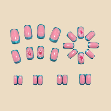 24pcs/Set Pink and Green Color-Block French Tips with 3D Flowers Press-On Nails