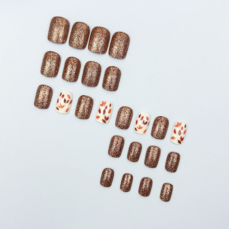24pcs/Set Warm Brown & Orange Leaves with Glitter Press On Nails