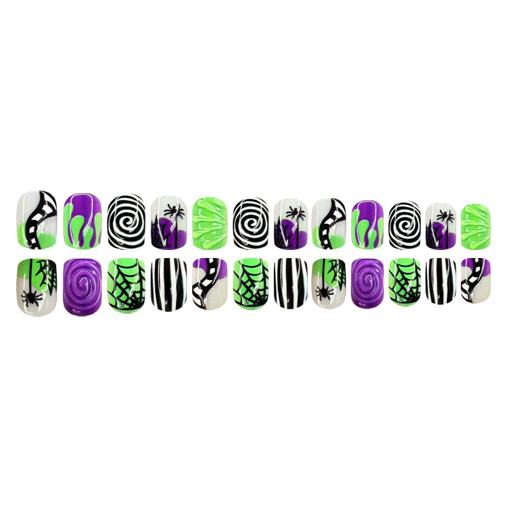 24pcs/Set Green & Purple Spiderweb Spiral Stripes Press On Nails