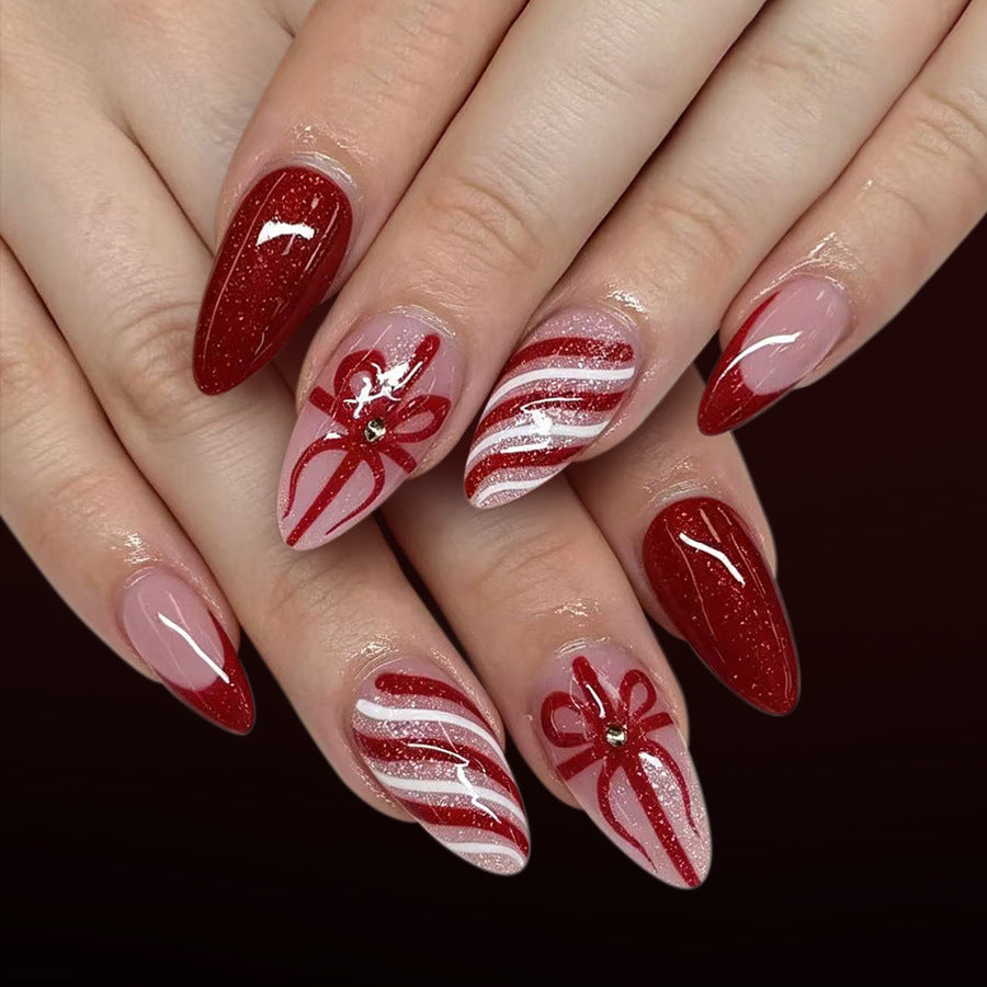 24pcs/Set Red & White Stripe French Tips Press On Nails