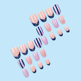 24pcs/Set Blue French Stripes & Pink Dots Press-On Nails