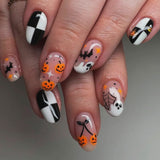 24pcs/Set Pumpkin Ghost Black & White Checkerboard Press On Nails