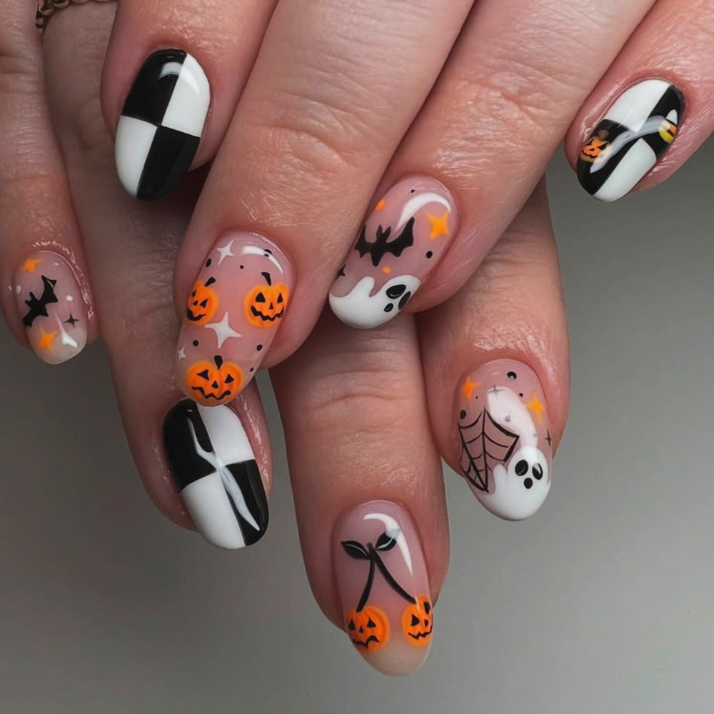 24pcs/Set Pumpkin Ghost Black & White Checkerboard Press On Nails