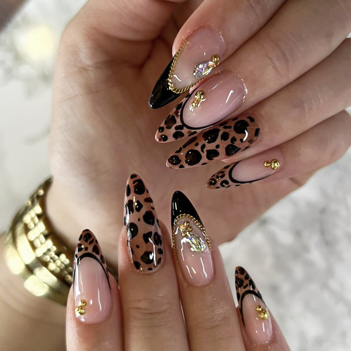 24pcs/Set Black Leopard Print French Press On Nails