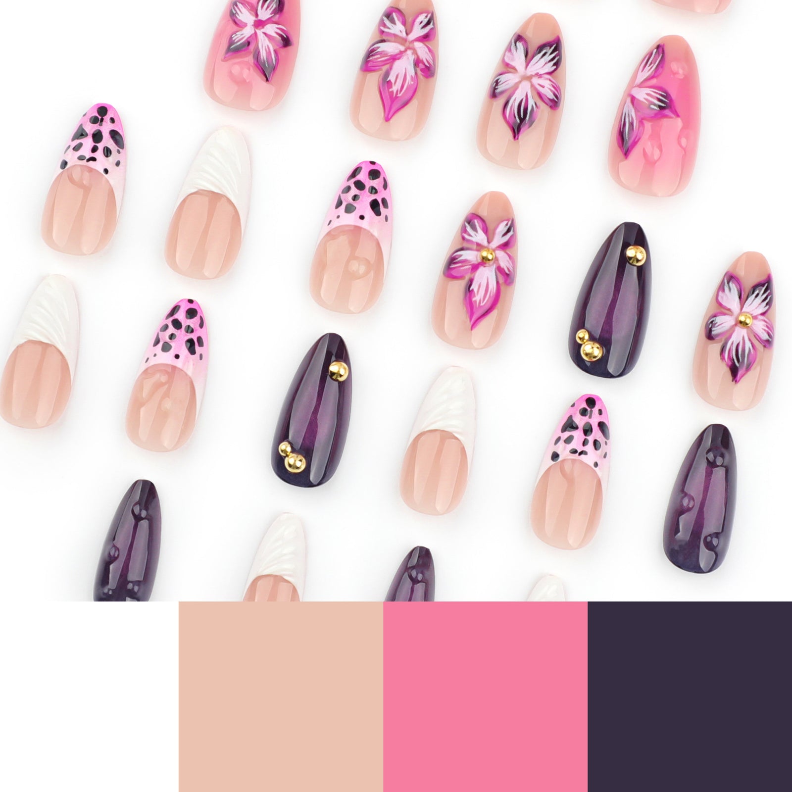 24pcs/Set 3D Embossed Floral French Press-On Nails