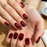 24pcs/Set Burgundy Cat Eye & Red Leopard Print Press-On Nails