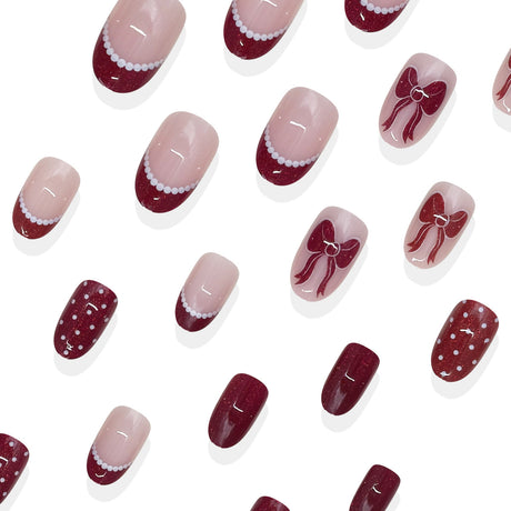 24pcs/Set Burgundy Cat Eye Bow French Press On Nails