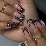 24pcs/Set Black Leopard Lace French Press On Nails