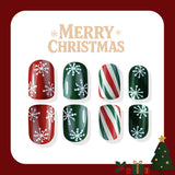 24pcs/Set Red & Green Striped Snowflakes Press-On Nails