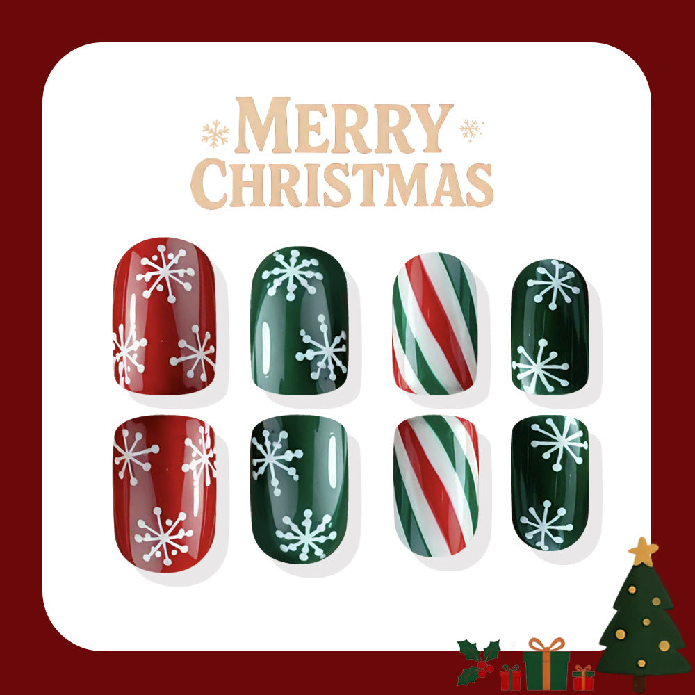24pcs/Set Red & Green Striped Snowflakes Press-On Nails