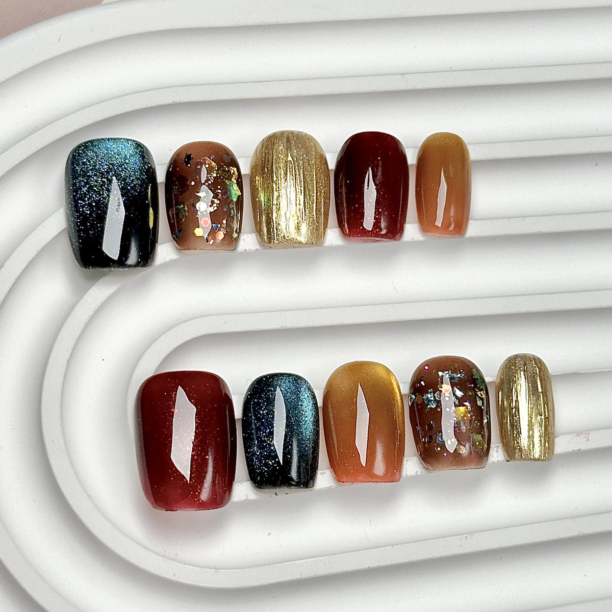 (Handmade) 10pcs/Set Autumn Multicolor Cat Eye Glitter Press-On Nails