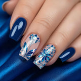24pcs/Set Royal Blue Floral Press-On Nails