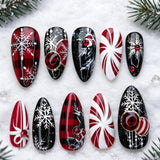 30pcs/Set Vintage Red & Black Plaid Candy Cane Snowflakes Press On Nails
