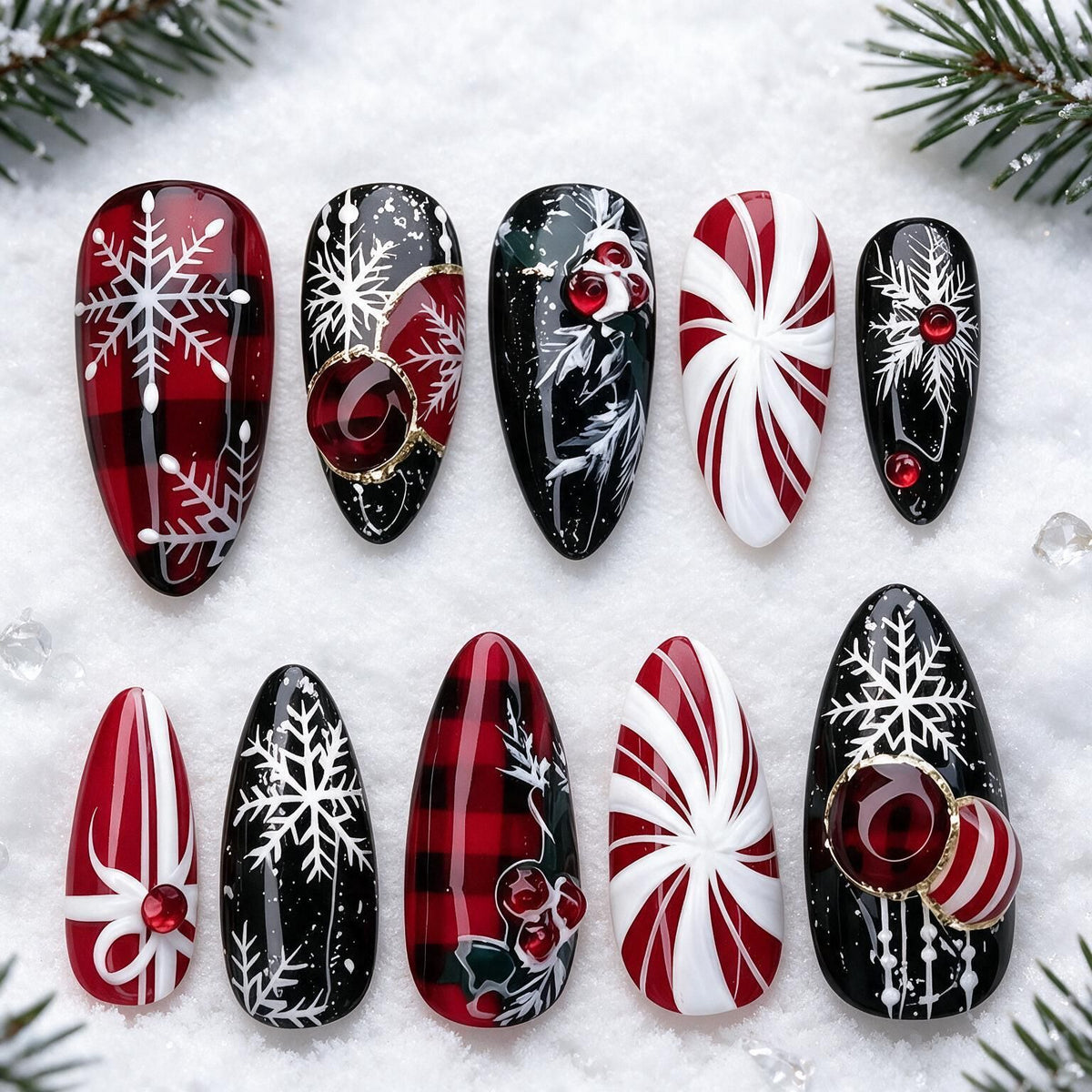 30pcs/Set Vintage Red & Black Plaid Candy Cane Snowflakes Press On Nails