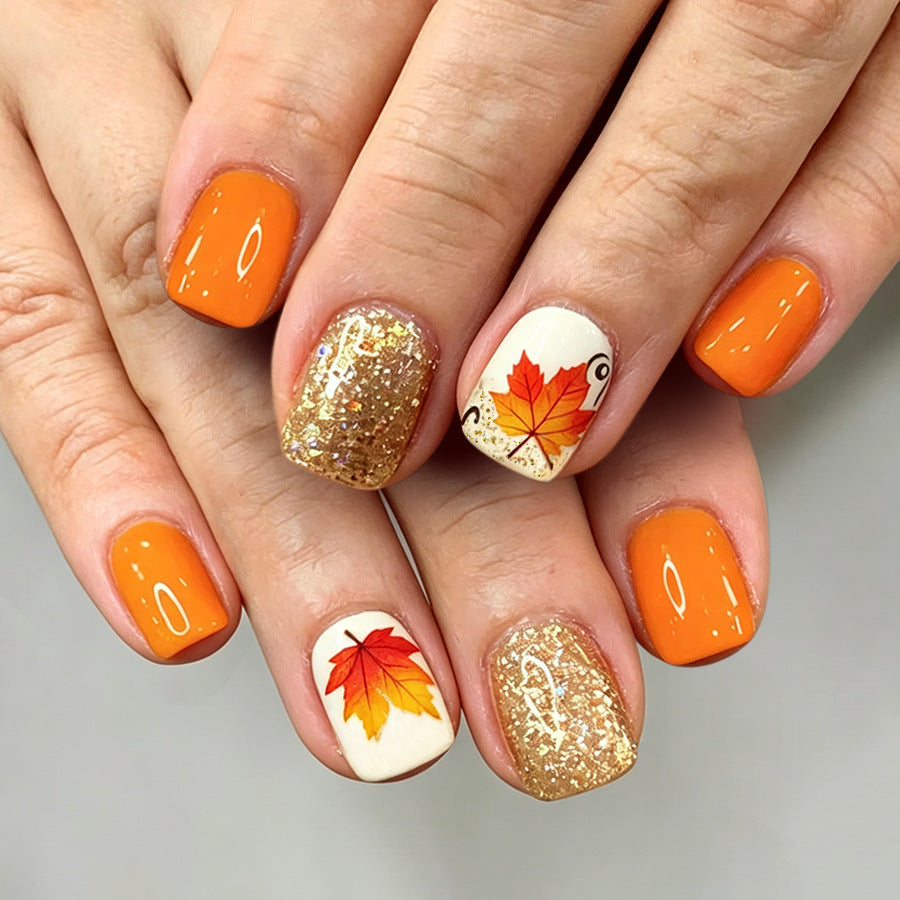 24pcs/Set Orange-Brown Pumpkin & Maple Leaves Press On Nails