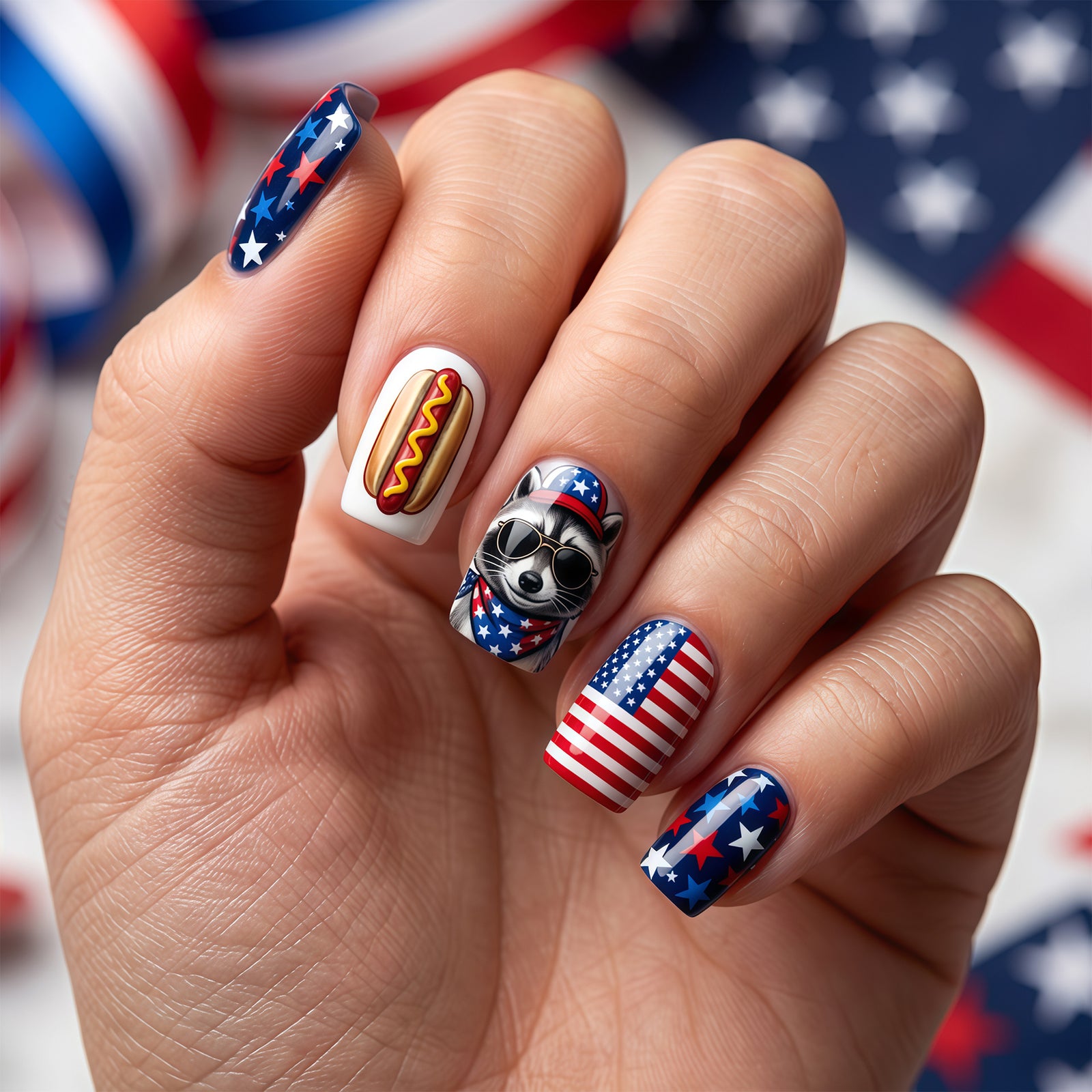 24pcs/Set Raccoon, Hot Dog, Blue & Red Stars Press-On Nails
