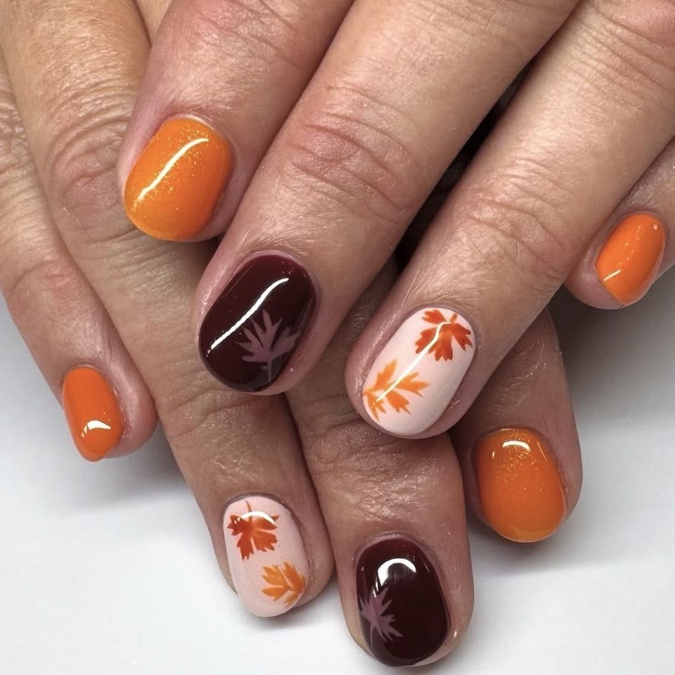 24pcs/Set Deep Brown & Red Leaves Press On Nails