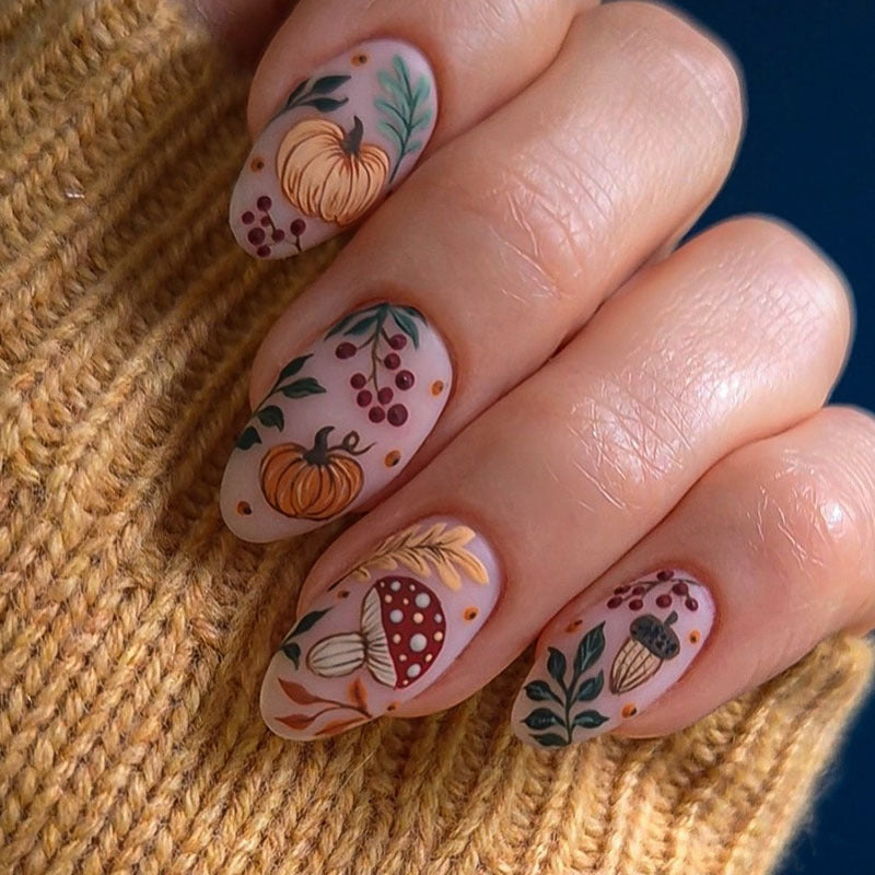 24pcs/Set Matte Pumpkin & Floral Press On Nails