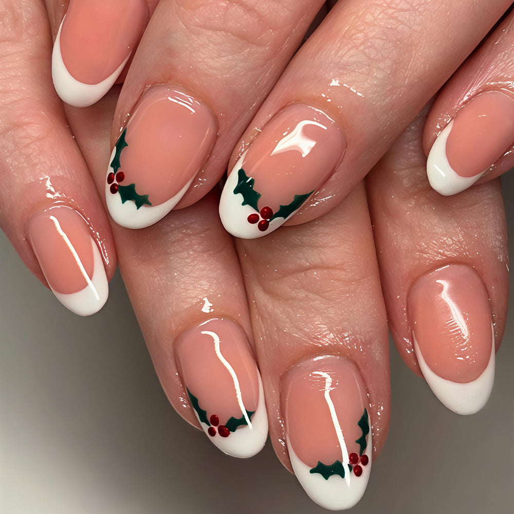 24pcs/Set Minimal White French Holly Berry Press On Nails