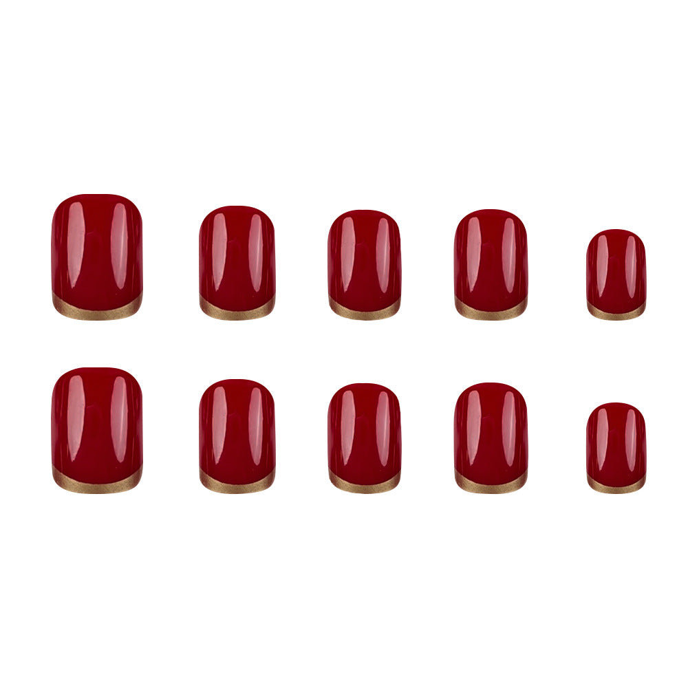 24pcs/Set Burgundy French with Gold Trim Press On Nails