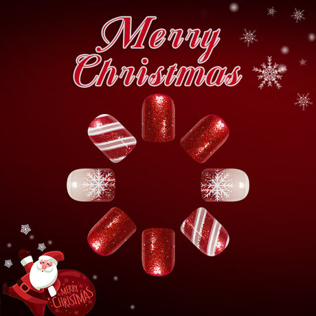 24pcs/Set Red Glitter French Snowflake Press On Nails