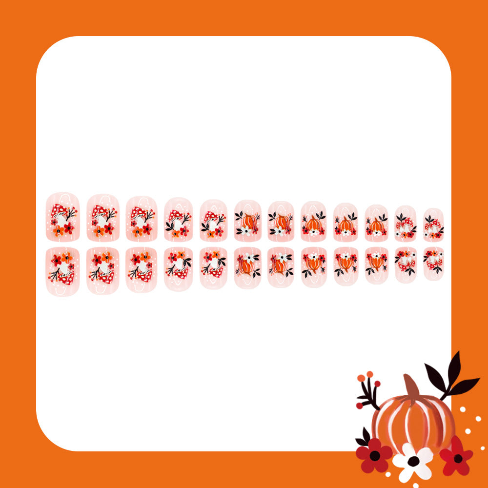 24pcs/Set Mushroom Pumpkin Floral Maple Leaf Press On Nails