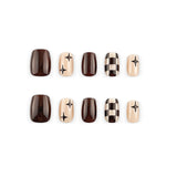 24pcs/Set Brown Checkerboard Cat Eye Press-On Nails