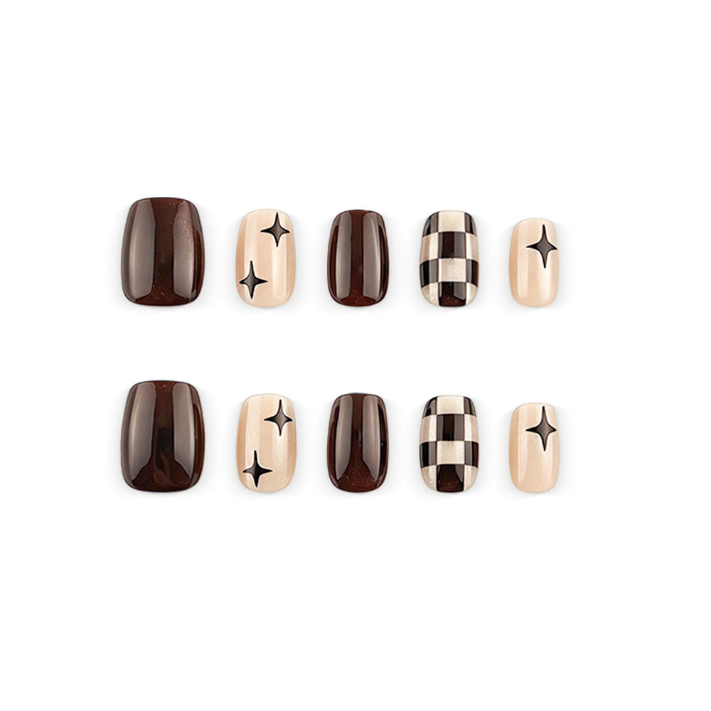 24pcs/Set Brown Checkerboard Cat Eye Press-On Nails