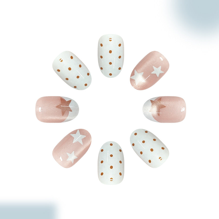 24pcs/Set French Polka Dot Star Cat Eye Press On Nails