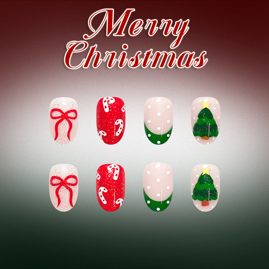 24pcs/Set Green French Polka Dot Candy Canes Press On Nails