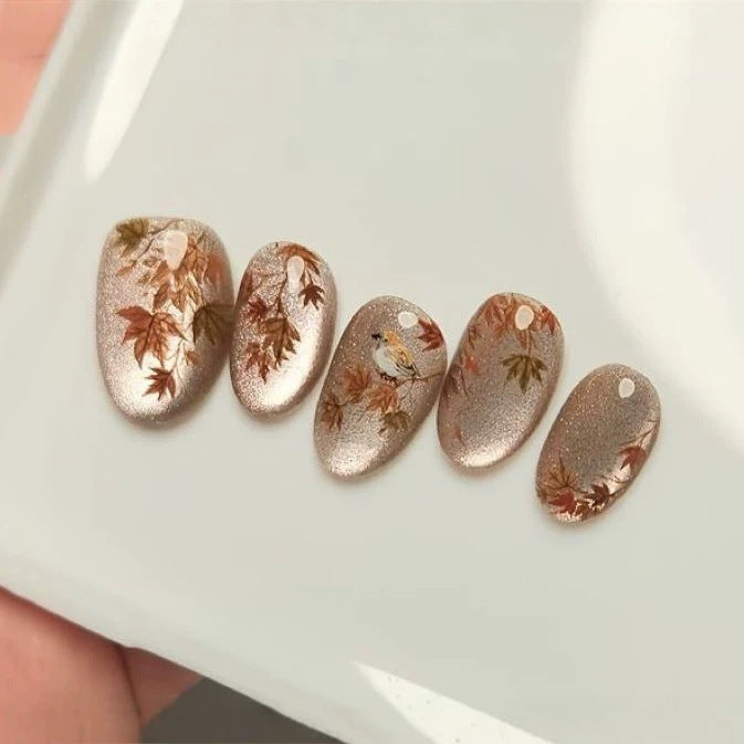 24pcs/Set Ink-Wash Maple Leaf & Bird Press On Nails