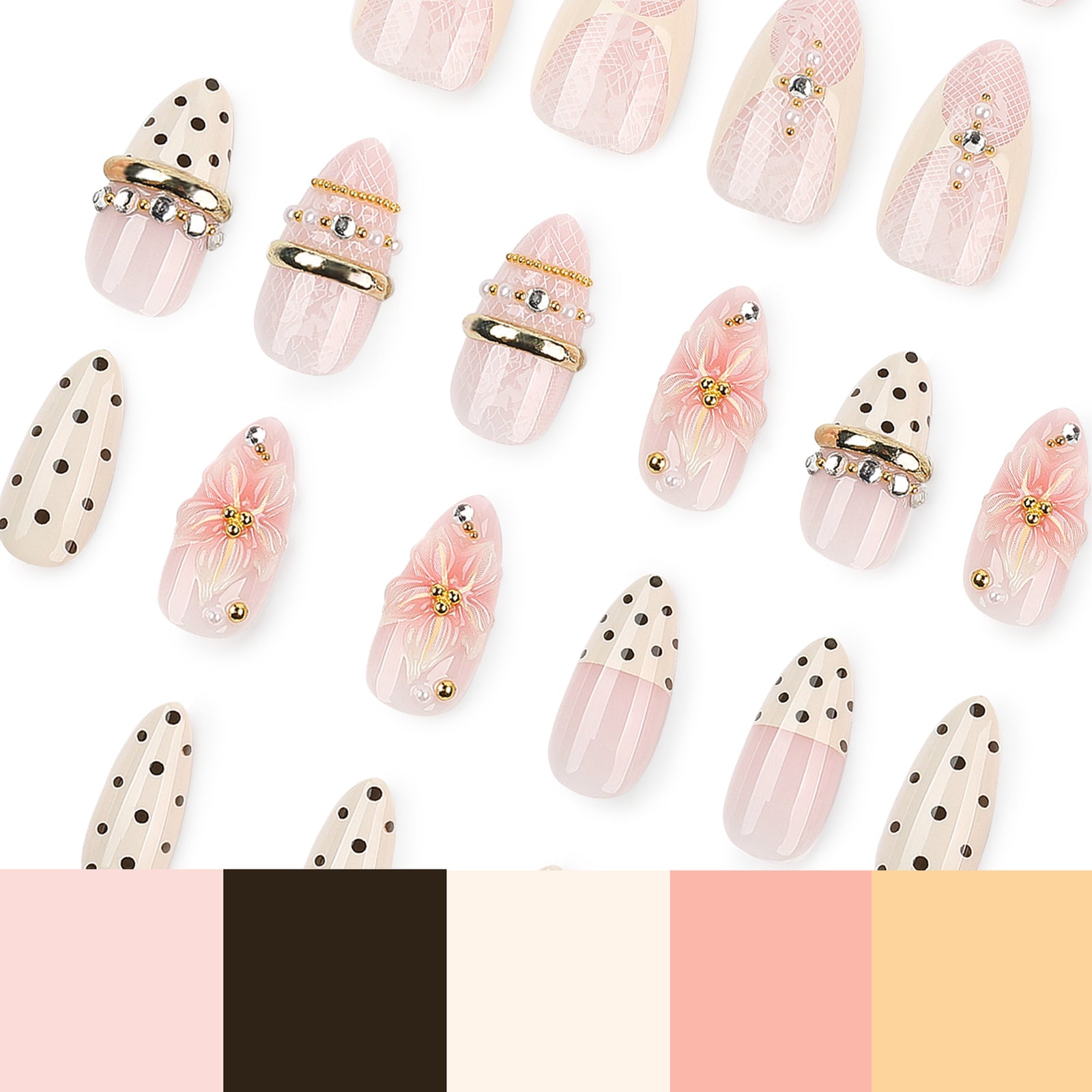 24pcs/Set 3D Floral French Tip with Polka Dots Press On Nails